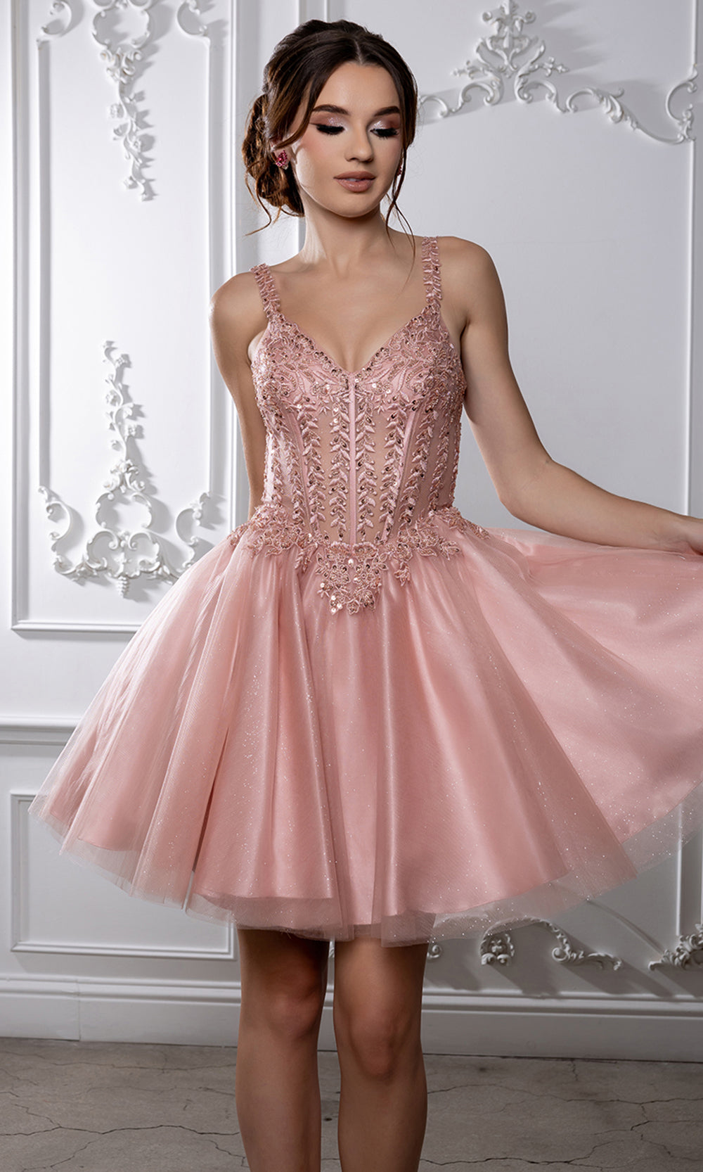 May Queen MQ2231 - V-Neckline Embroidered Floral Cocktail Dress