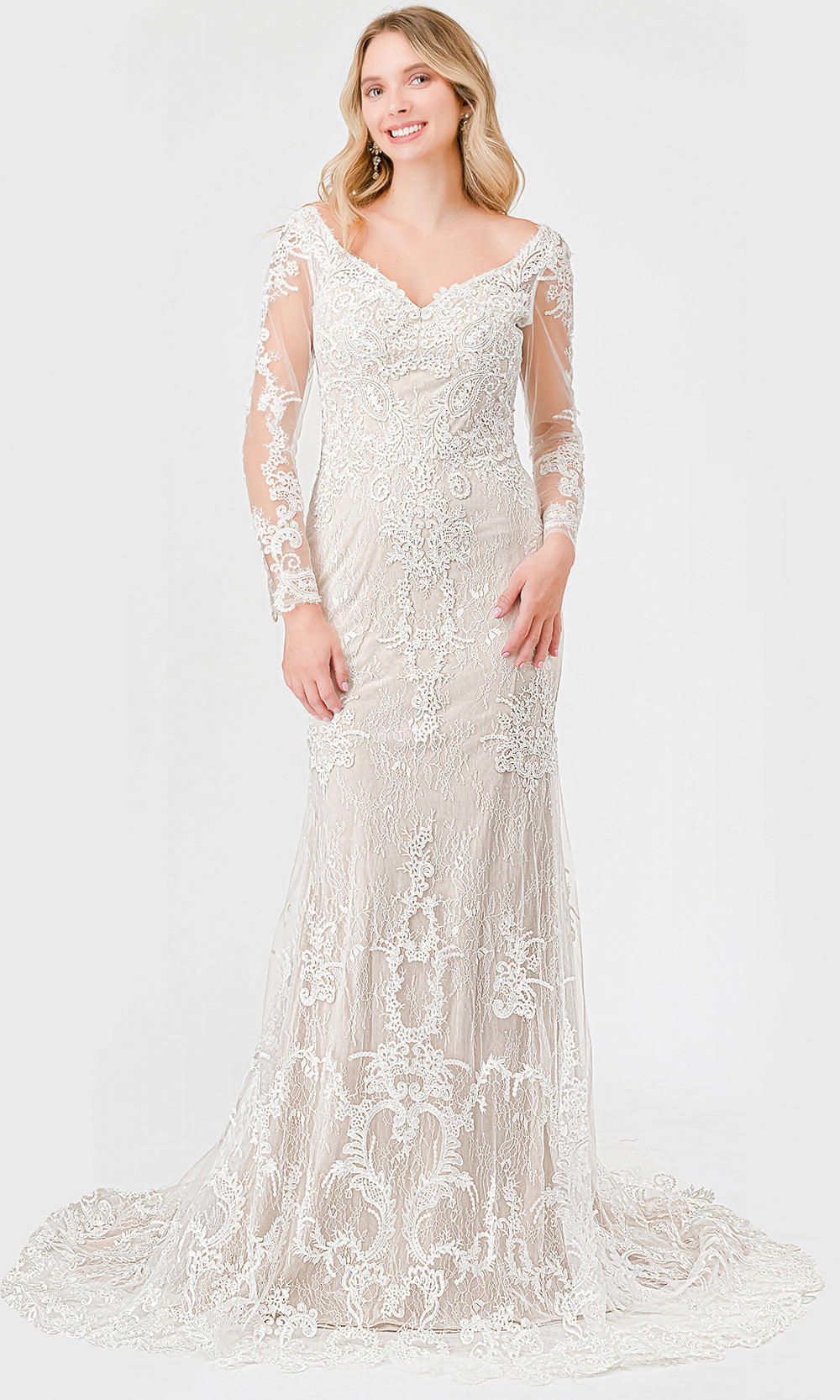 Trevi Collection MS0034 - V-Neck Floral Lace Bridal Gown Special Occasion Dress XXS / Off White
