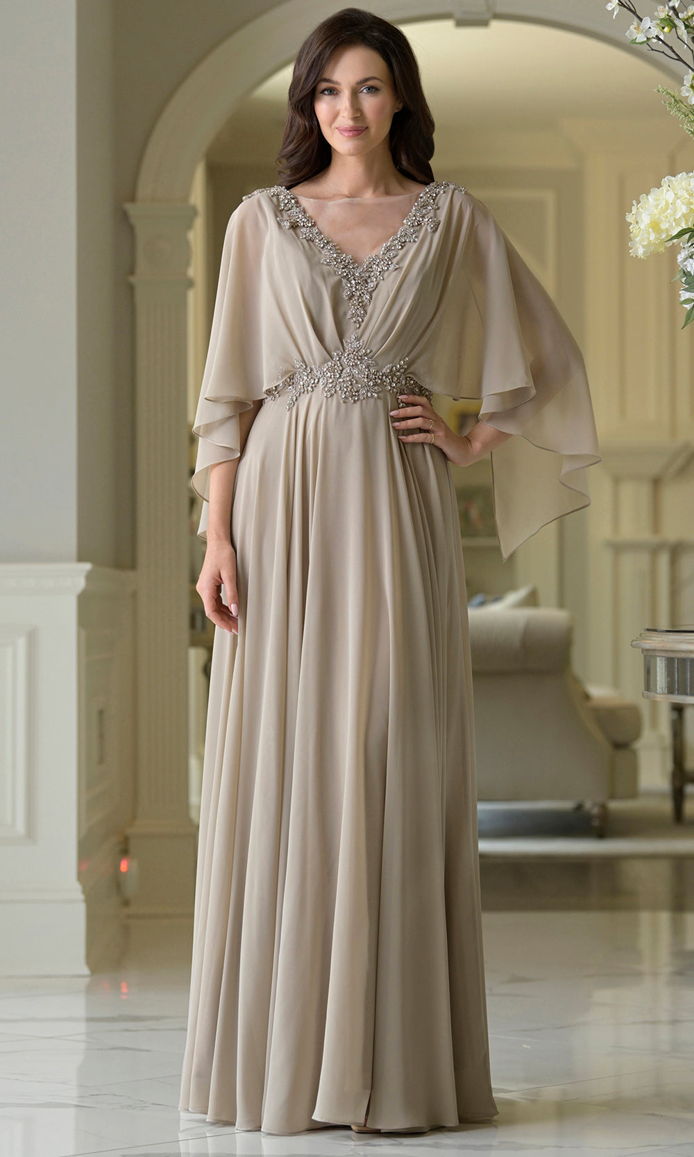 Marsoni by Colors MV1376 - Long Bateau Neck Gown with Beaded Accent Mother of the Bride Dresses