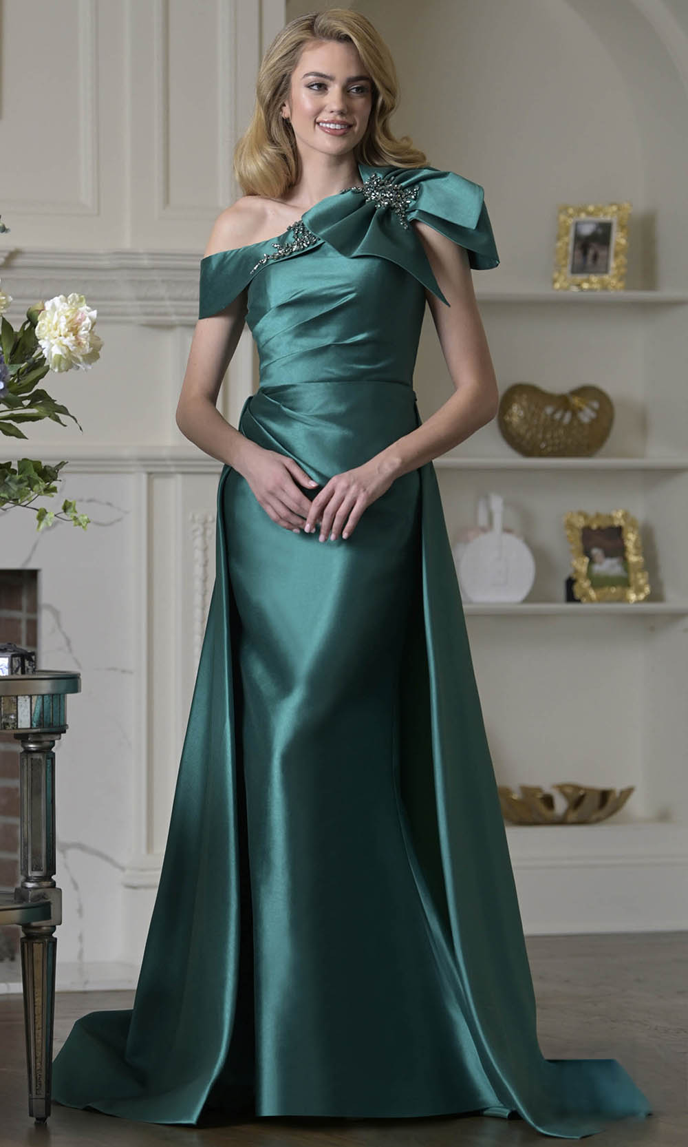 Marsoni by Colors MV1408 - Shoulder Bow Accent Overskirt Formal Dress In Green
