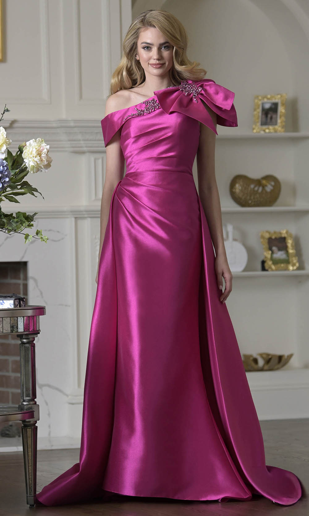 Marsoni by Colors MV1408 - Shoulder Bow Accent Overskirt Formal Dress In Fuchsia