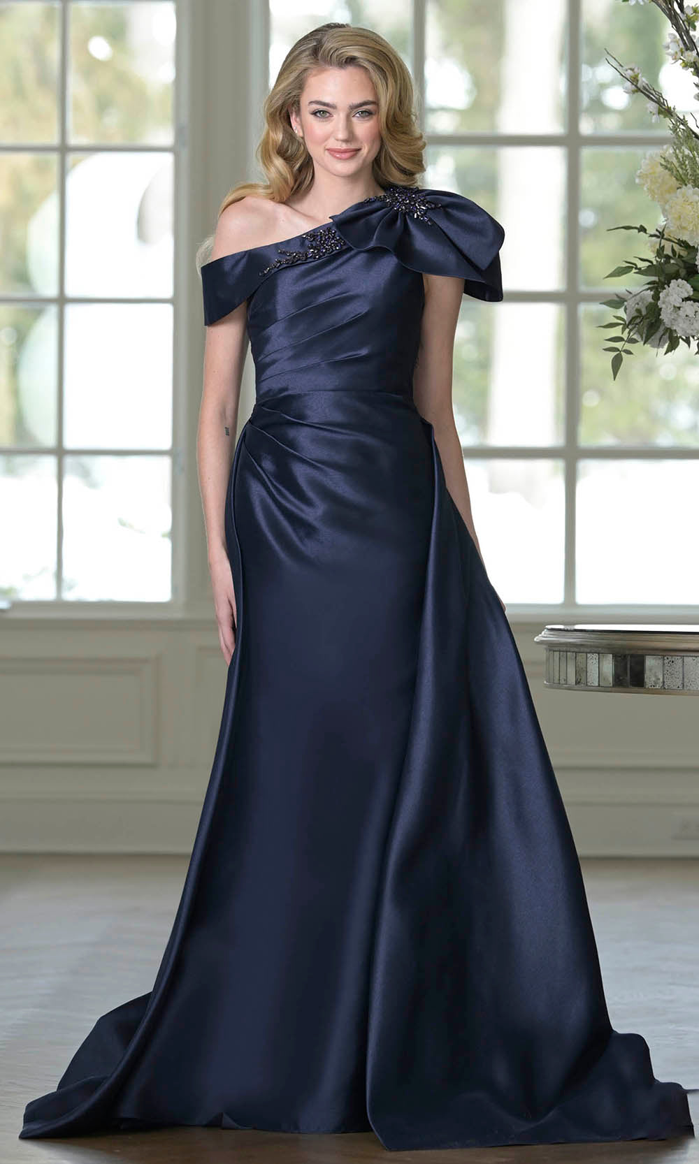 Marsoni by Colors MV1408 - Shoulder Bow Accent Overskirt Formal Dress In Midnight