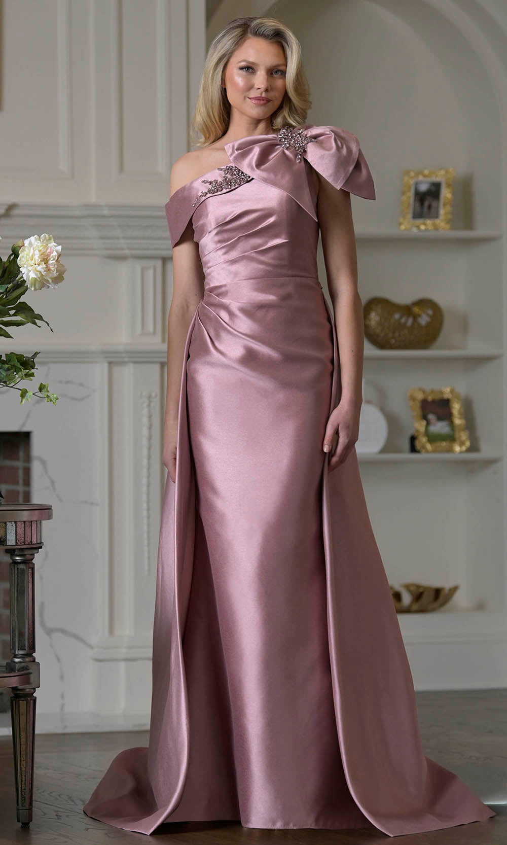 Marsoni by Colors MV1408 - Shoulder Bow Accent Overskirt Formal Dress In Rosewood