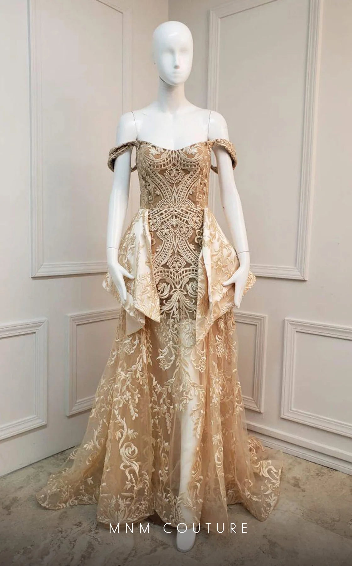 MNM COUTURE - N0134 Off Shoulder Overskirt Lace Gown