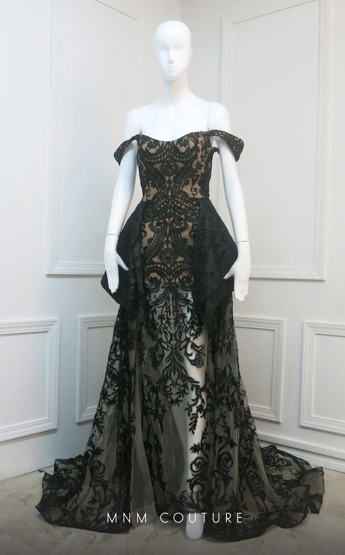 MNM COUTURE - N0134 Off Shoulder Overskirt Lace Gown