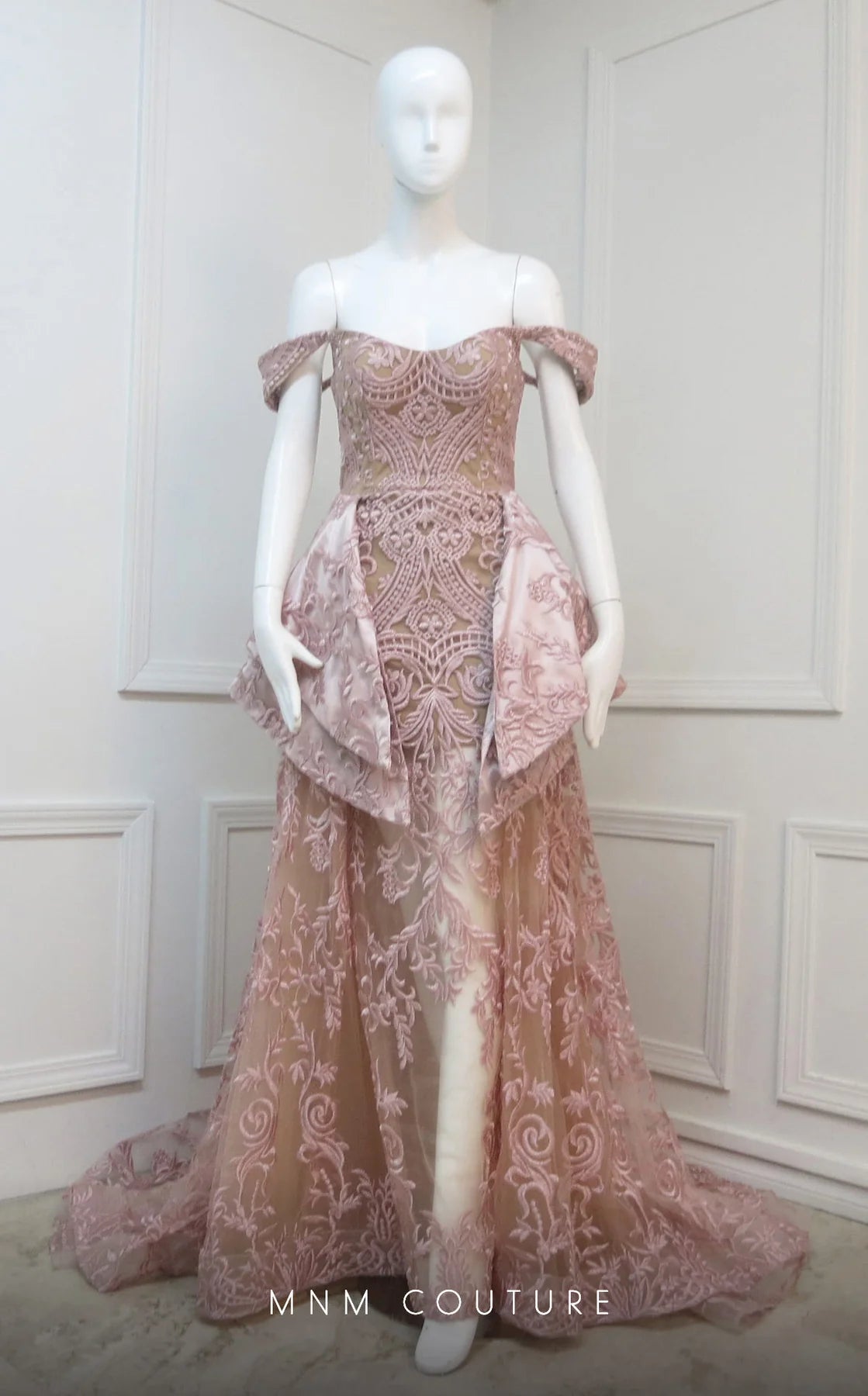 MNM COUTURE - N0134 Off Shoulder Overskirt Lace Gown