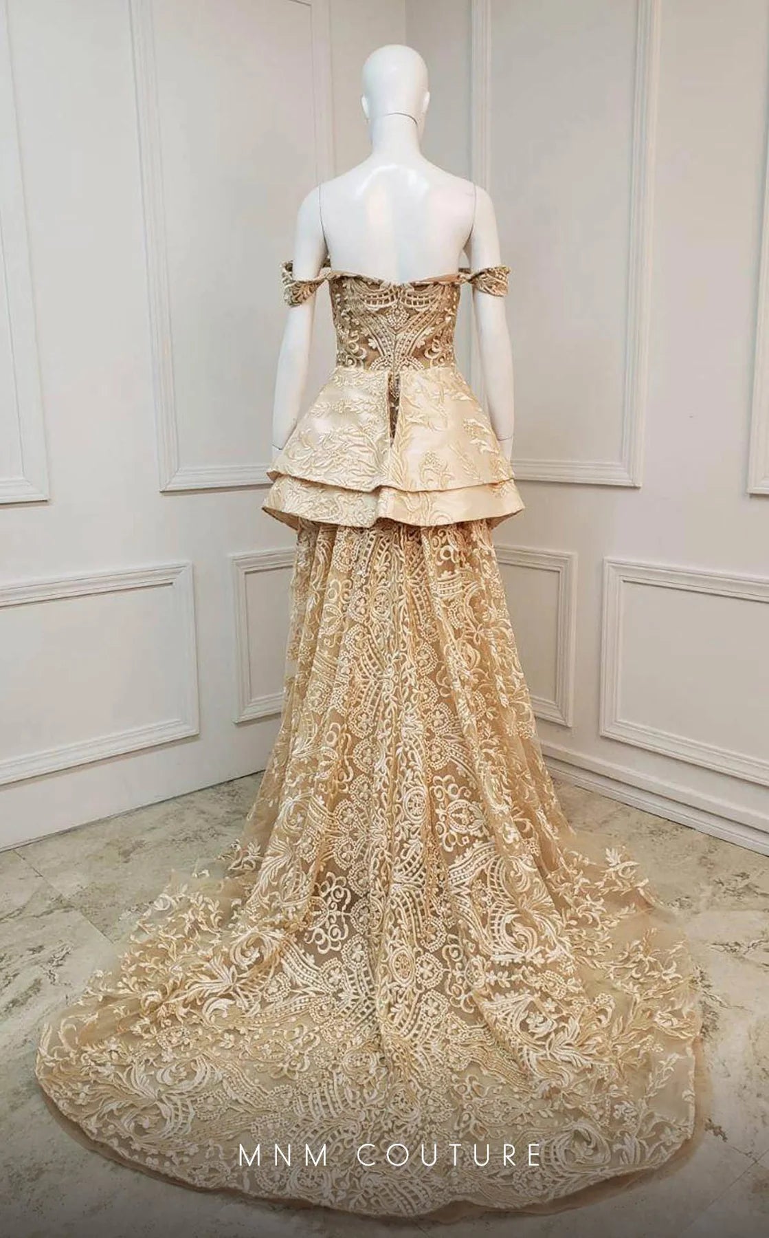 MNM COUTURE - N0134 Off Shoulder Overskirt Lace Gown