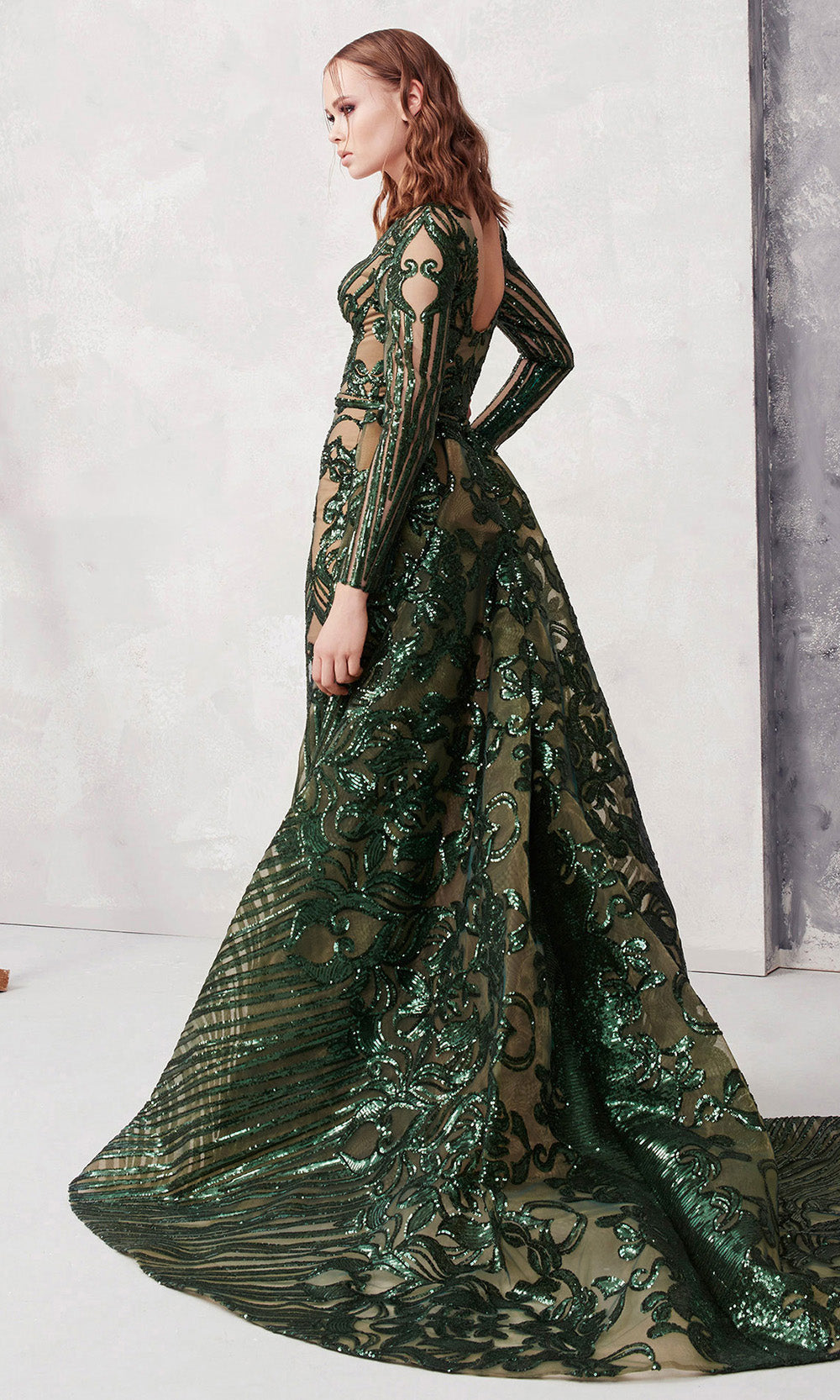 MNM COUTURE N0270 - V-Neck Sequin Embellished Gown with Overskirt Pageant Dresses in Salmon 