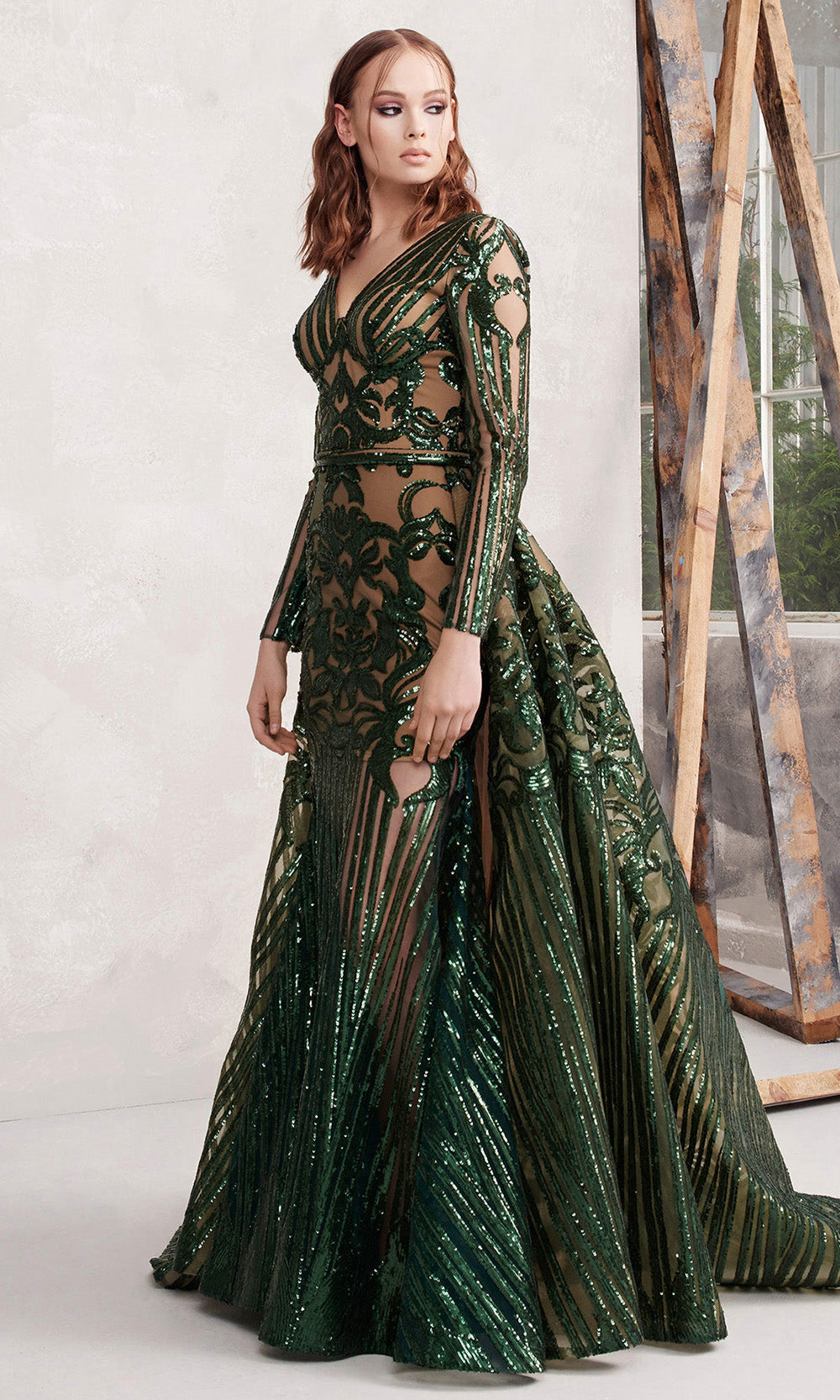 MNM COUTURE N0270 - V-Neck Sequin Embellished Gown with Overskirt Pageant Dresses in Salmon 