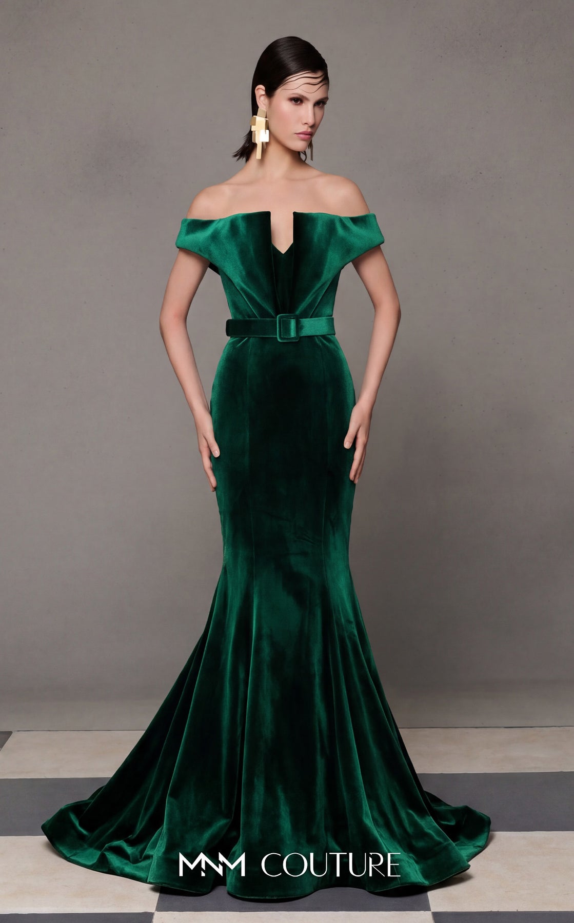 MNM Couture N0630A - Belted Folded Neckline Evening Gown