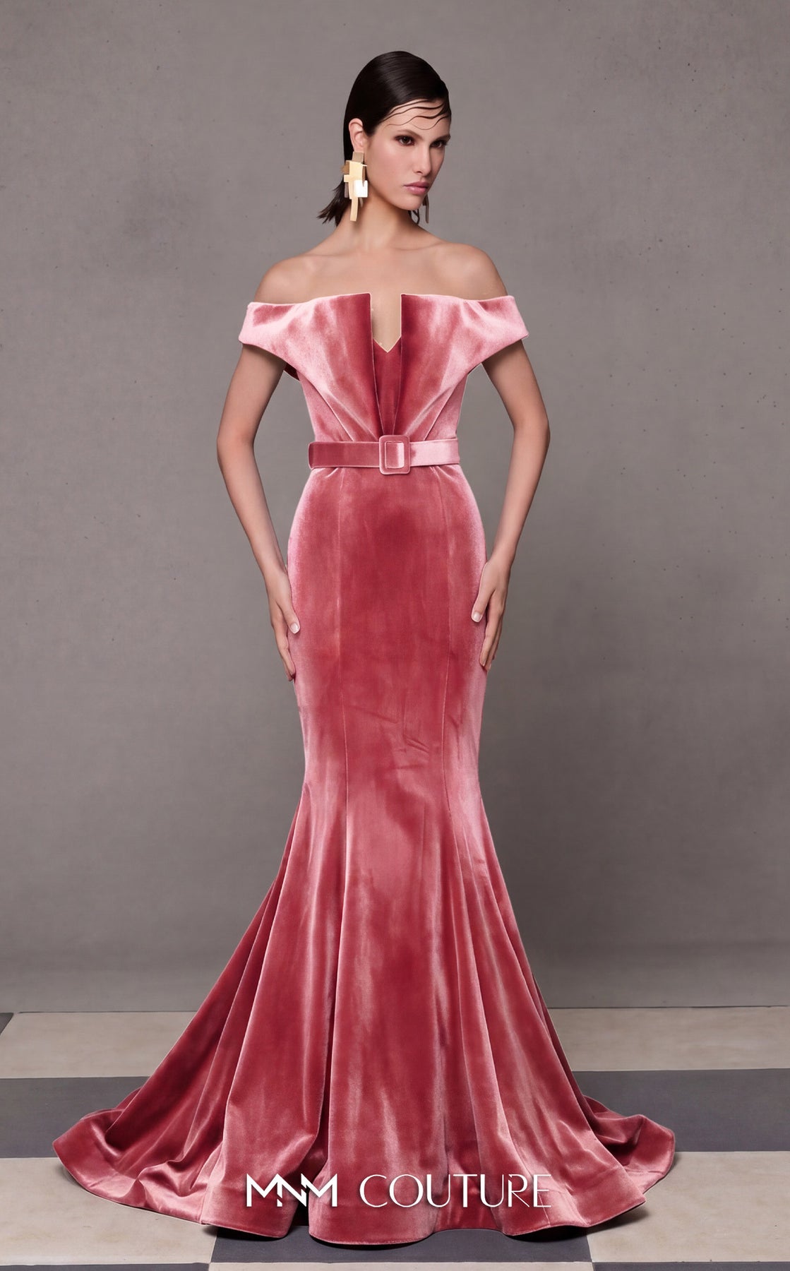 MNM Couture N0630A - Belted Folded Neckline Evening Gown