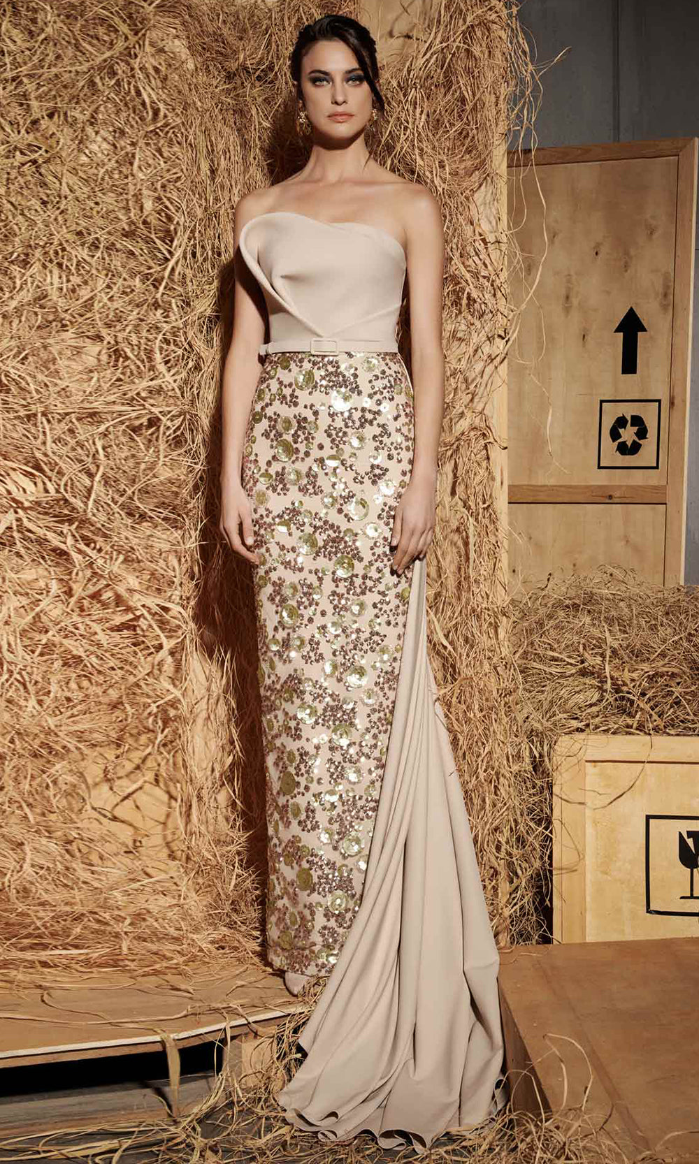 MNM Couture N0645 - Draped Bodice Embellished Column Gown Formal Gowns