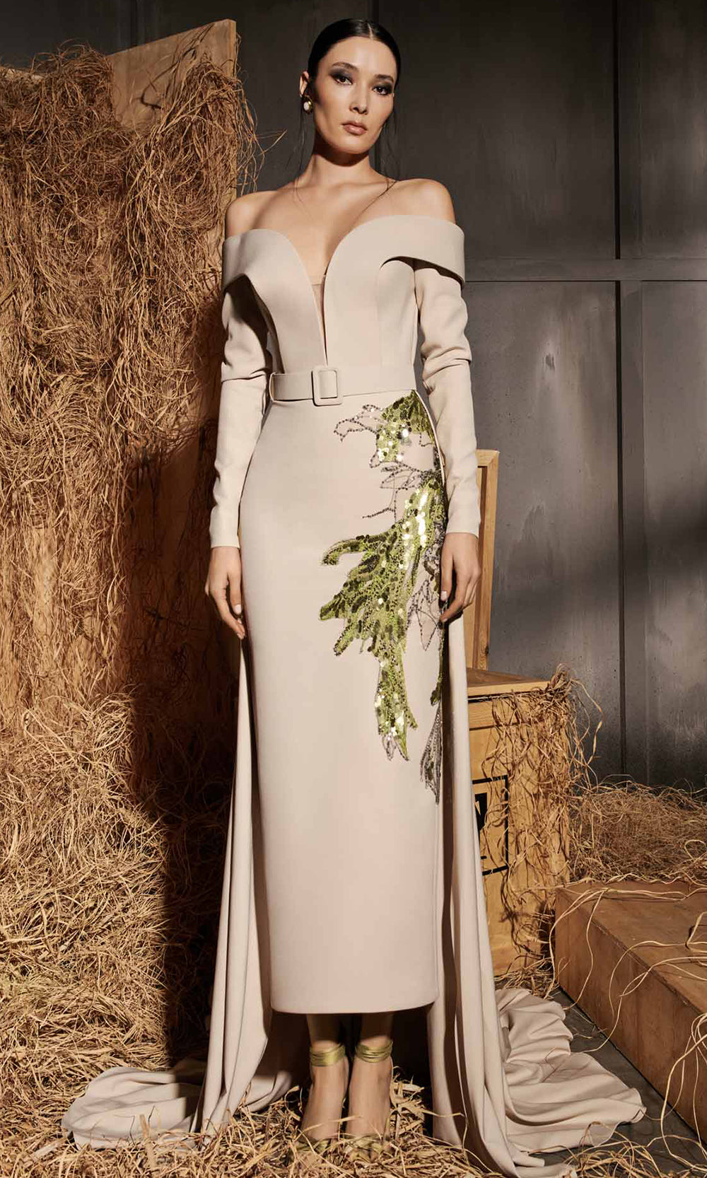 MNM Couture N0666 - Long Sleeve Fitted Gown with Belt Mother of the Bride Dresses