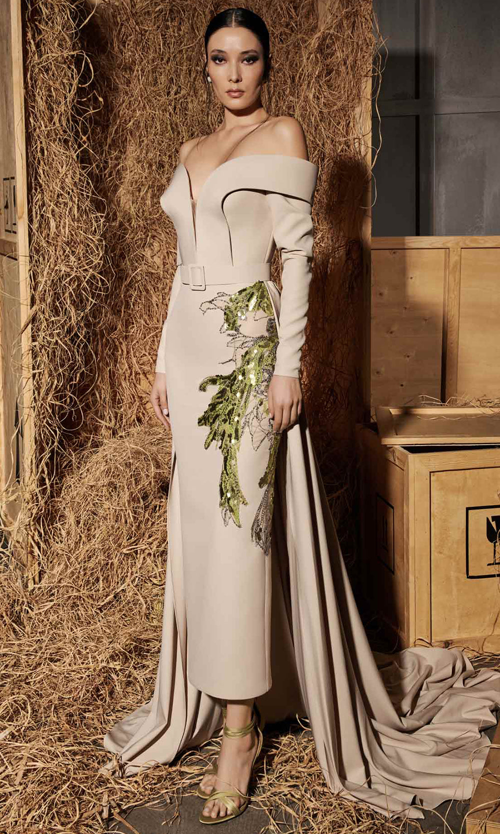 MNM Couture N0666 - Long Sleeve Fitted Gown with Belt Mother of the Bride Dresses