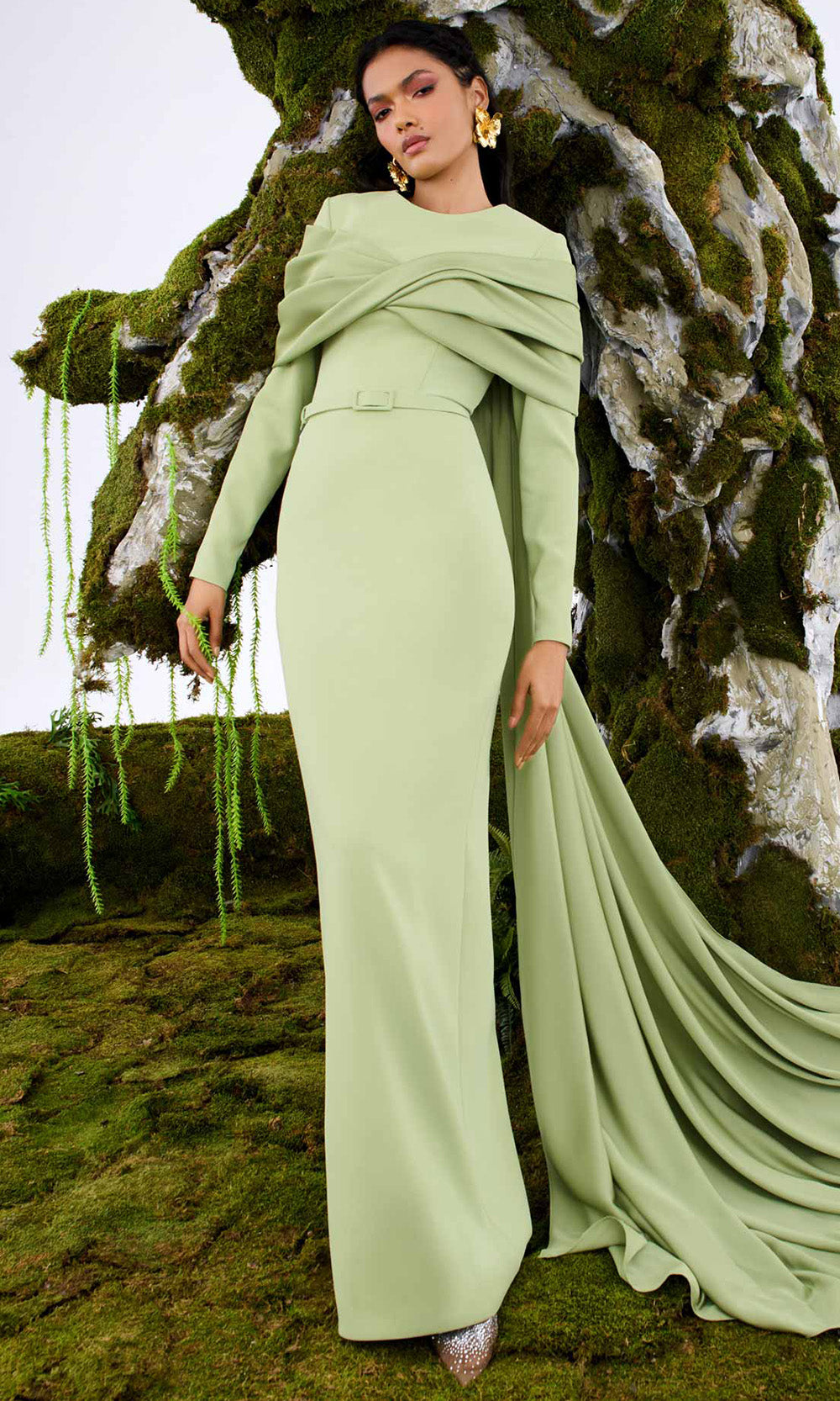 MNM COUTURE N0672 - Long Sleeve Belted Waist Evening Gown Mother of the Bride Dresses in Olive