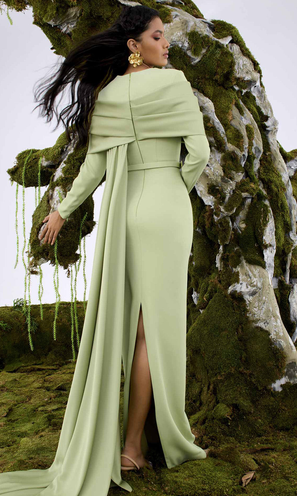 MNM COUTURE N0672 - Long Sleeve Belted Waist Evening Gown Mother of the Bride Dresses in Olive