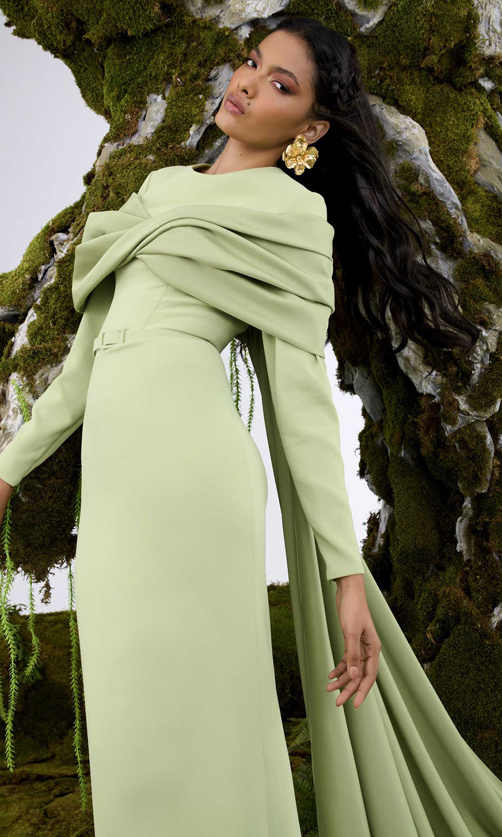 MNM COUTURE N0672 - Long Sleeve Belted Waist Evening Gown Mother of the Bride Dresses in Olive