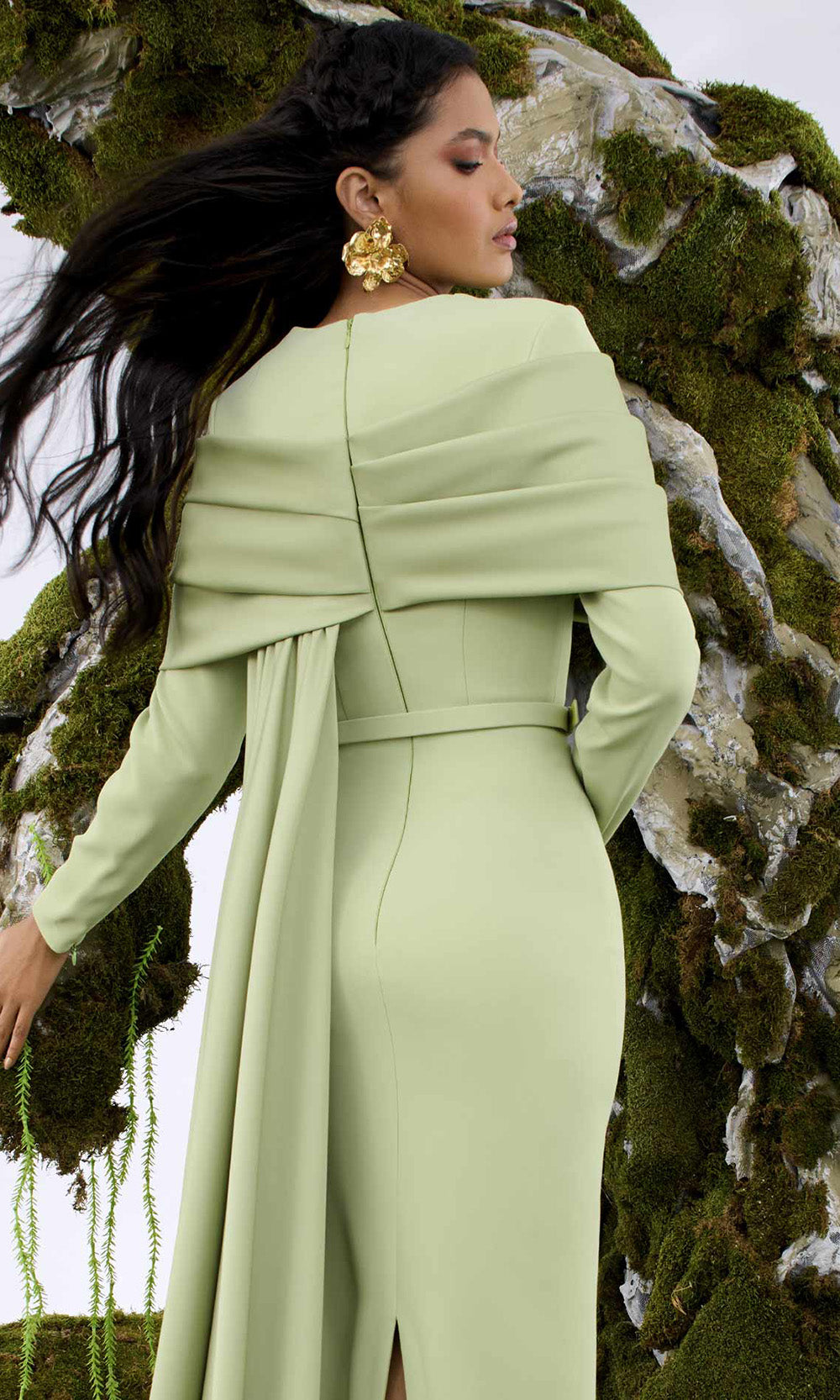MNM COUTURE N0672 - Long Sleeve Belted Waist Evening Gown Mother of the Bride Dresses in Olive