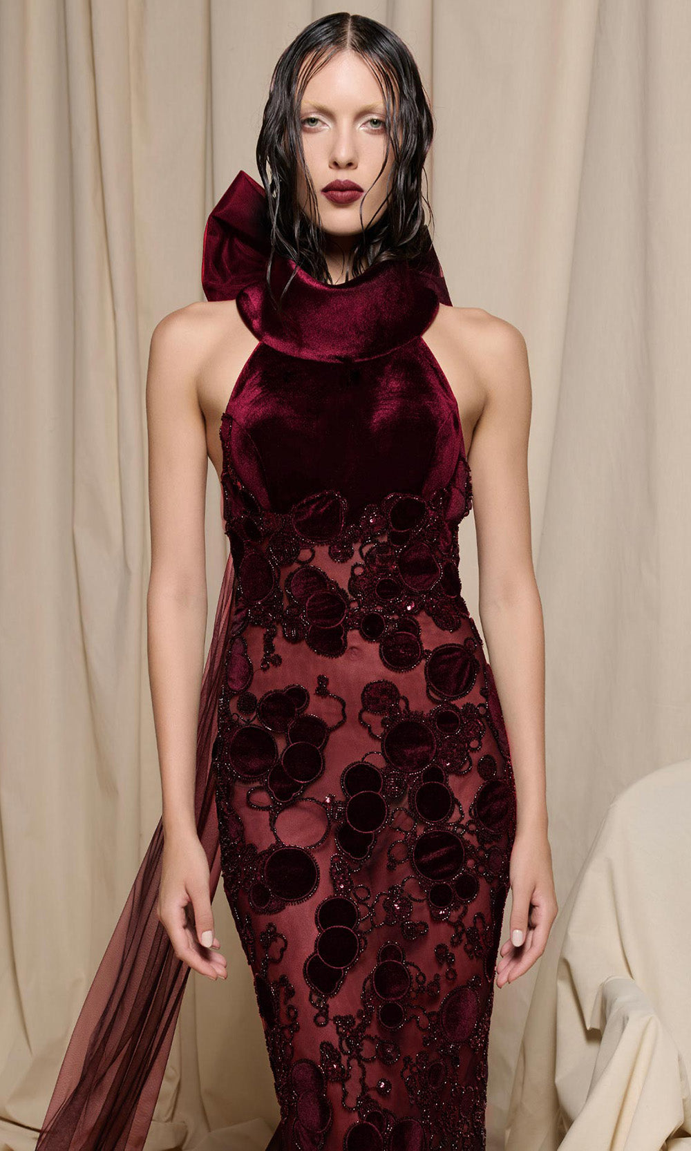 MNM COUTURE N0699 - Open Back Embellished Velvet Evening Gown Formal Gowns Burgundy