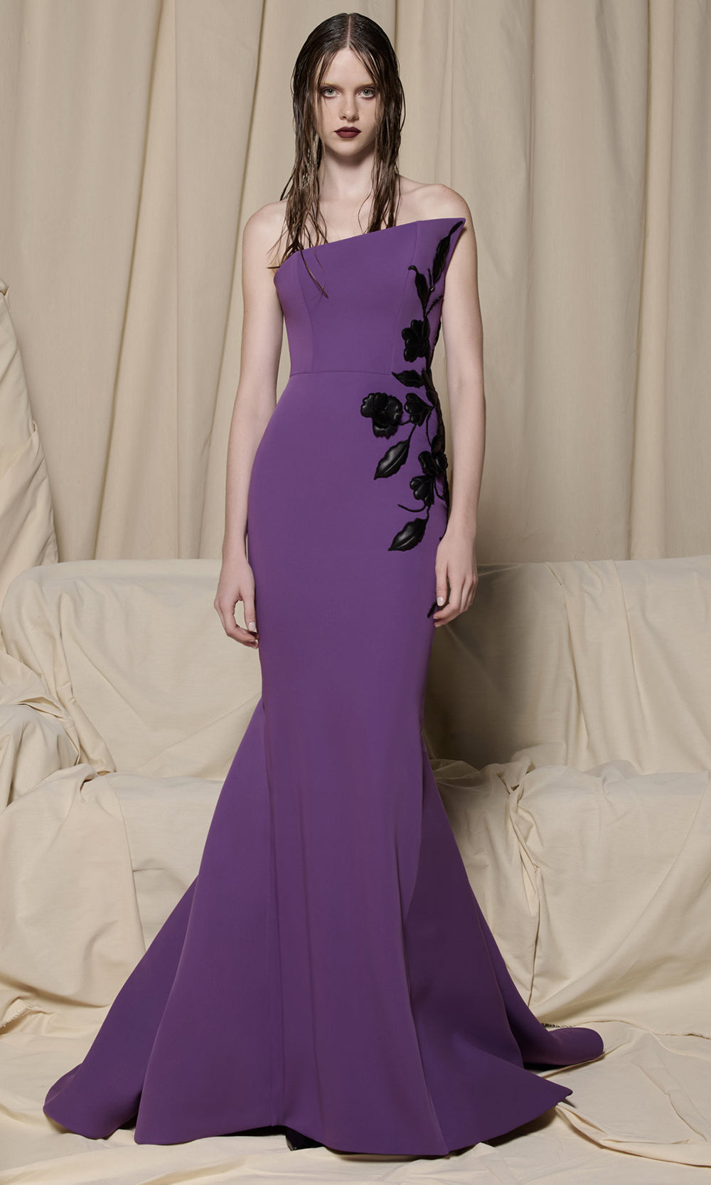 MNM COUTURE N0700 - Floral Applique Mermaid Long Dress Evening Dresses in Purple 