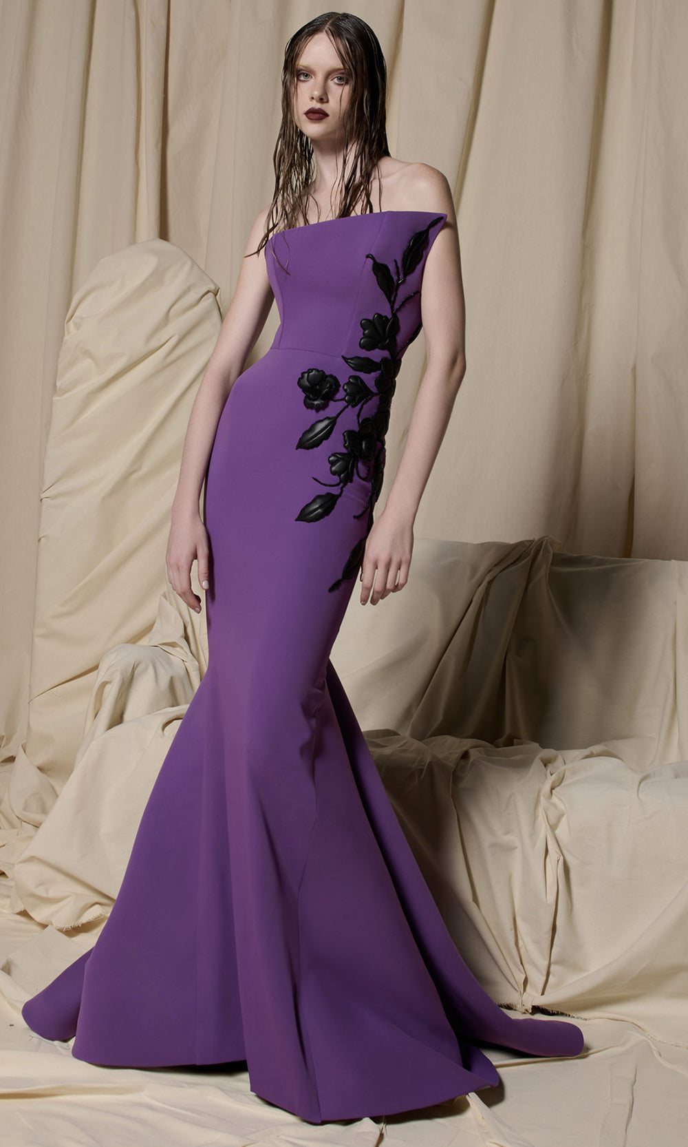 MNM COUTURE N0700 - Floral Applique Mermaid Long Dress Evening Dresses in Purple 