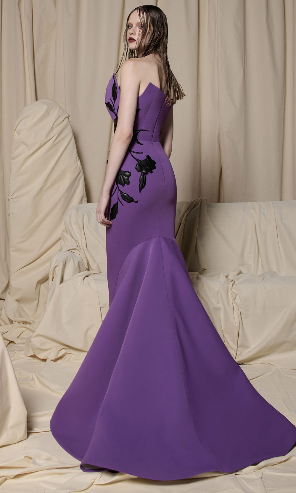 MNM COUTURE N0700 - Floral Applique Mermaid Long Dress Evening Dresses in Purple 