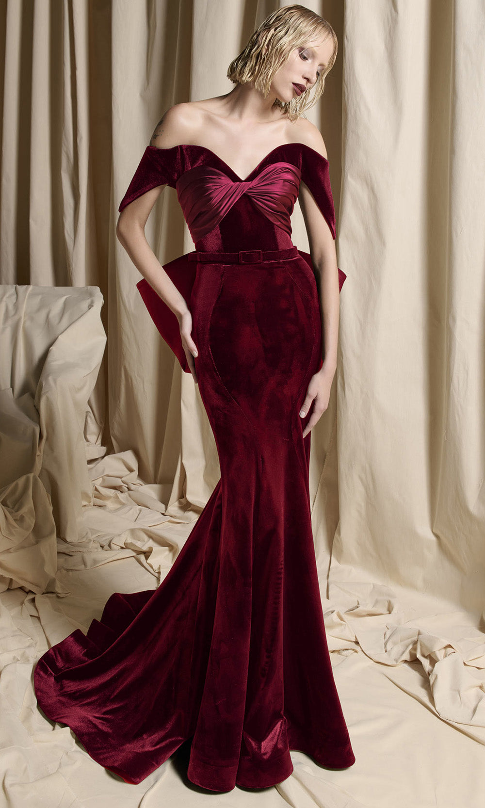 MNM COUTURE N0702 - Sculpted Off Shoulder Velvet Long Gown Formal Gowns Red