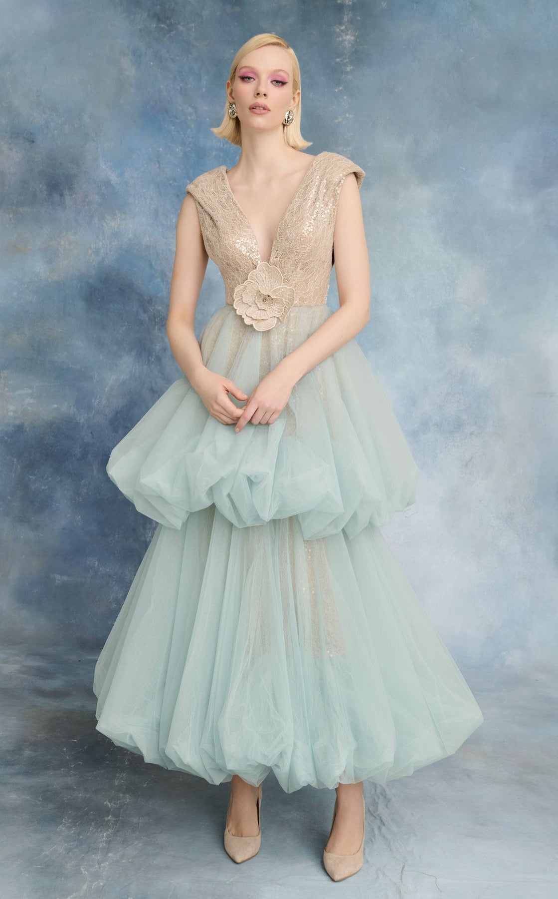 MNM COUTURE N0719 - Cap Sleeve Bubble Skirt Evening Dress