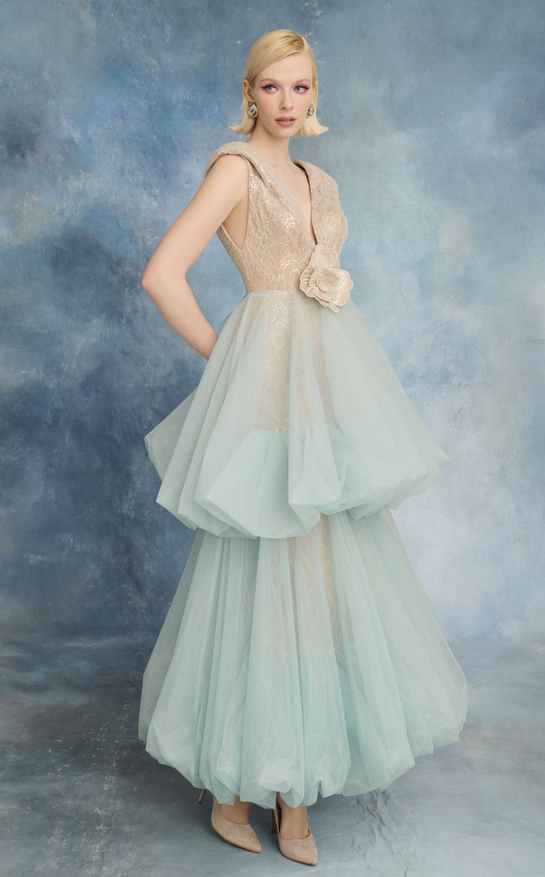 MNM COUTURE N0719 - Cap Sleeve Bubble Skirt Evening Dress