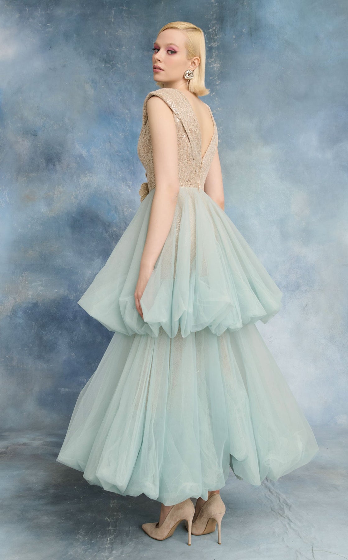 MNM COUTURE N0719 - Cap Sleeve Bubble Skirt Evening Dress