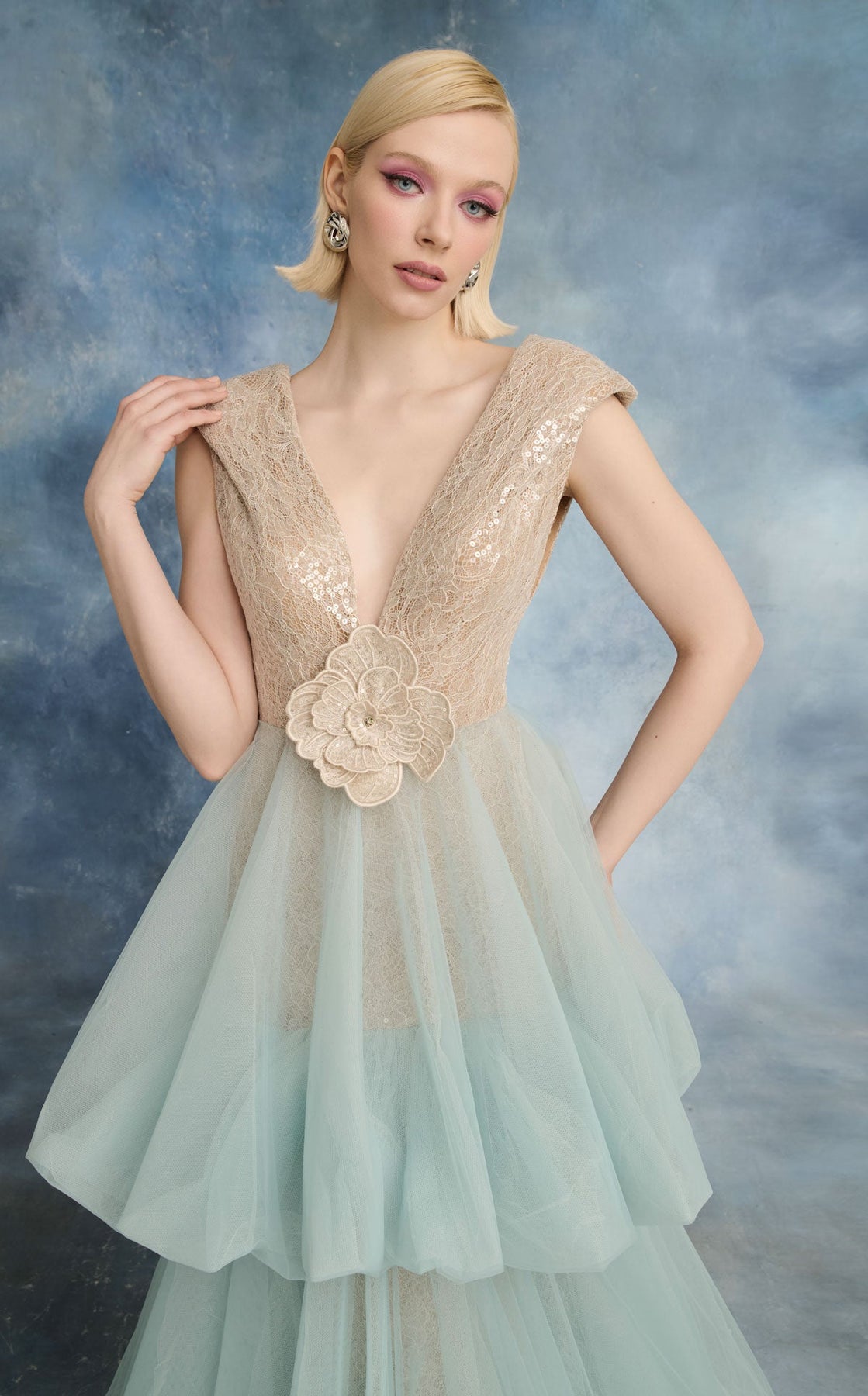MNM COUTURE N0719 - Cap Sleeve Bubble Skirt Evening Dress