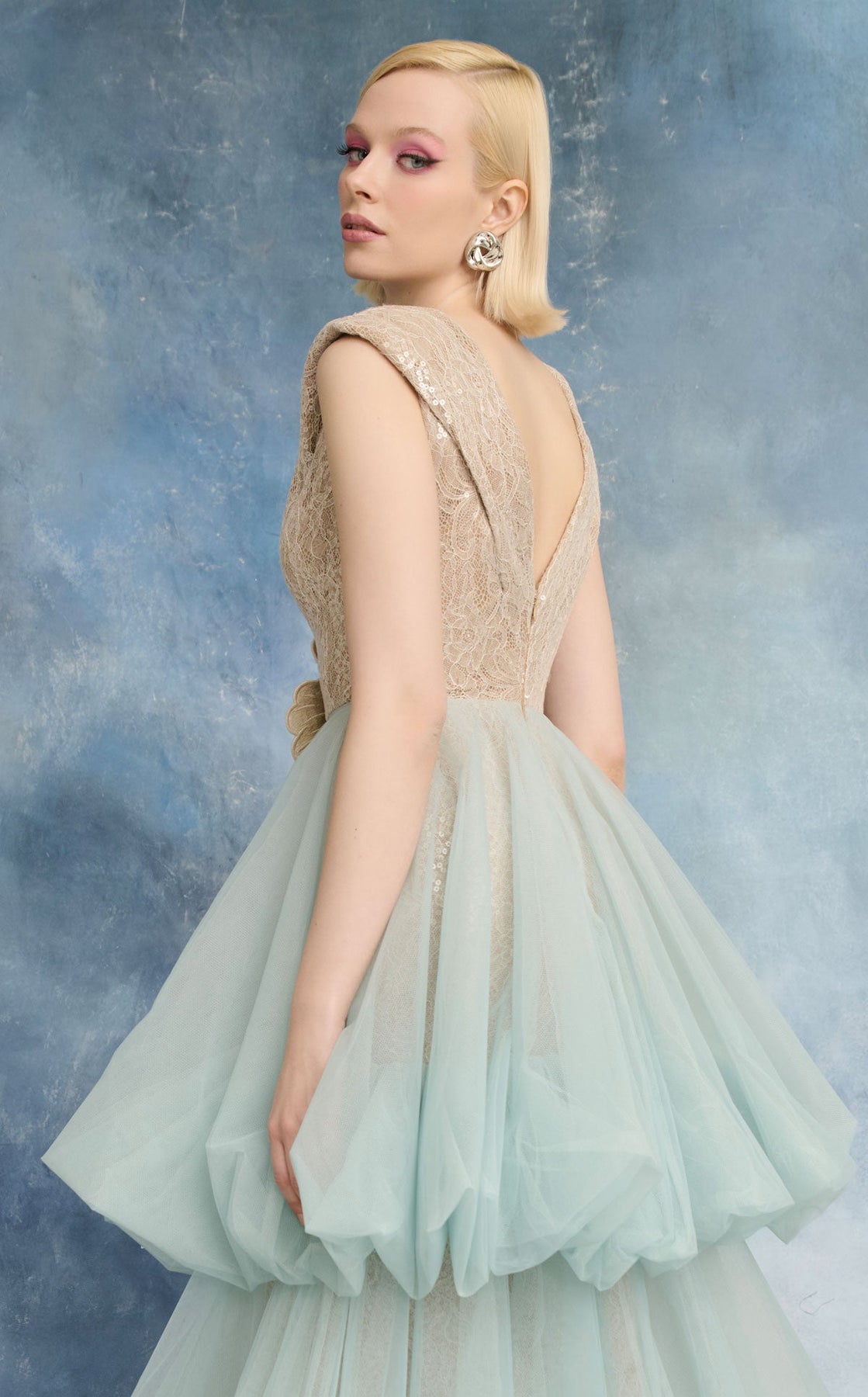 MNM COUTURE N0719 - Cap Sleeve Bubble Skirt Evening Dress