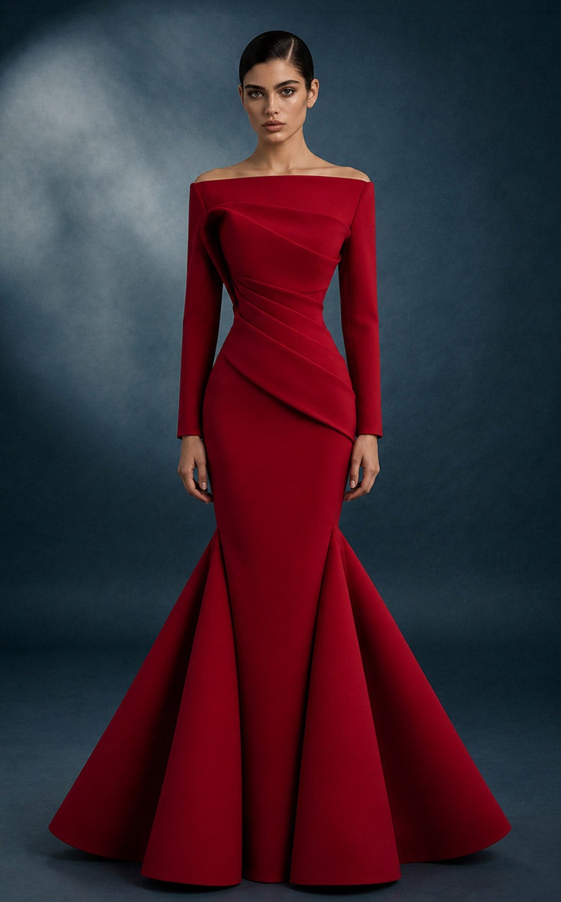 MNM COUTURE N0761 - Long Sleeve Diagonal Pleated Evening Gown