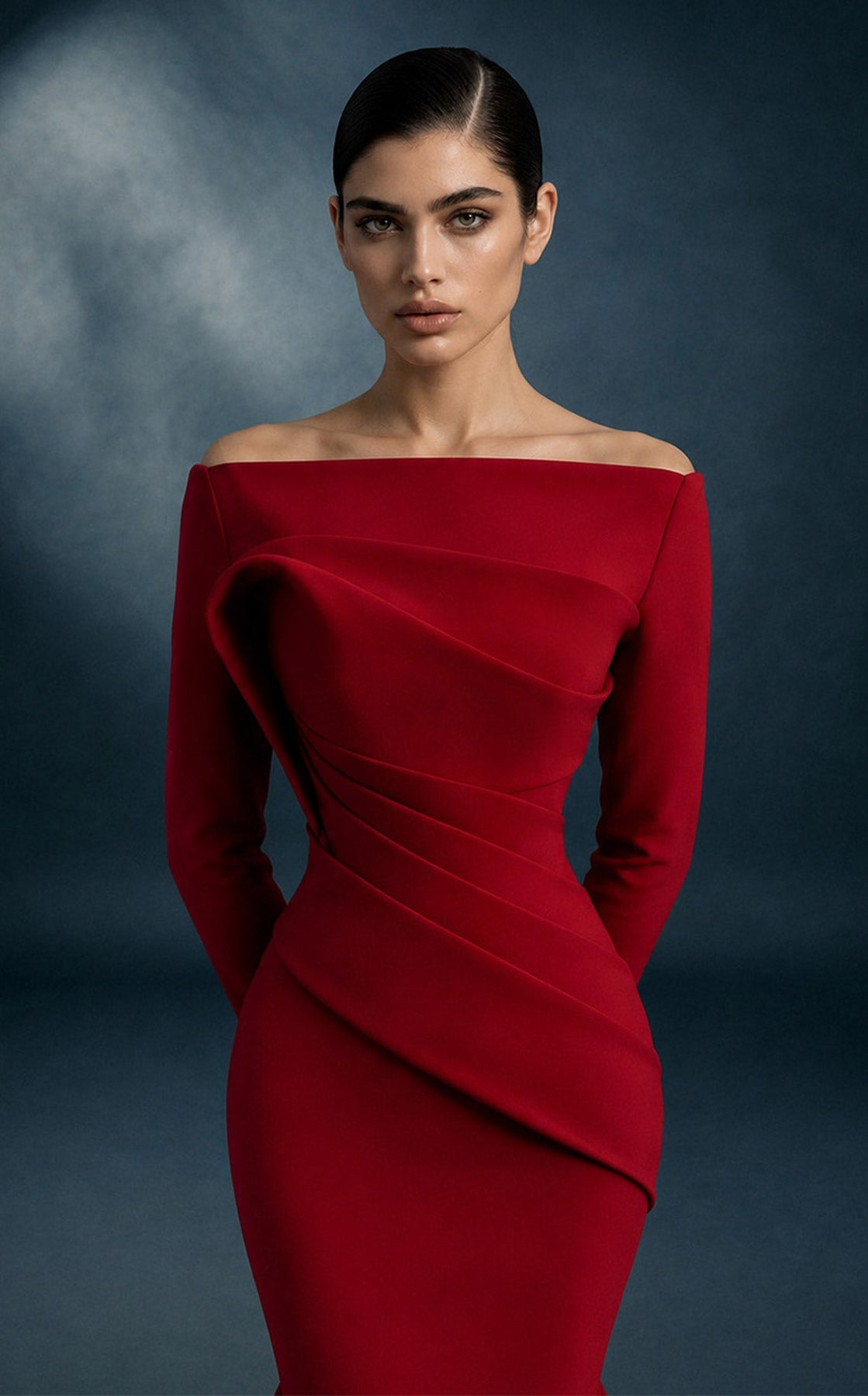 MNM COUTURE N0761 - Long Sleeve Diagonal Pleated Evening Gown