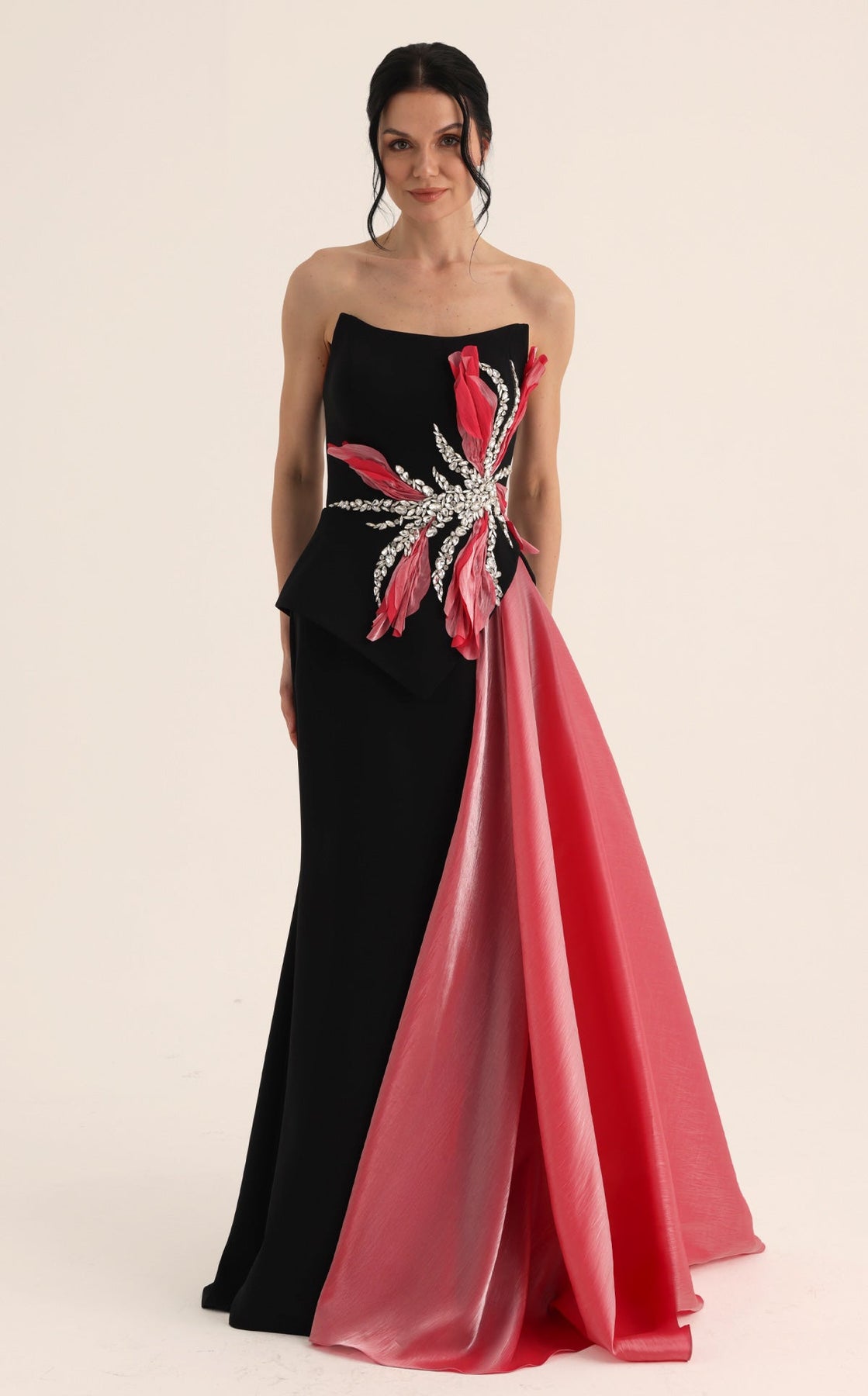 MNM COUTURE O07806 - Crystal Embellished Overskirt Sheath Evening Gown