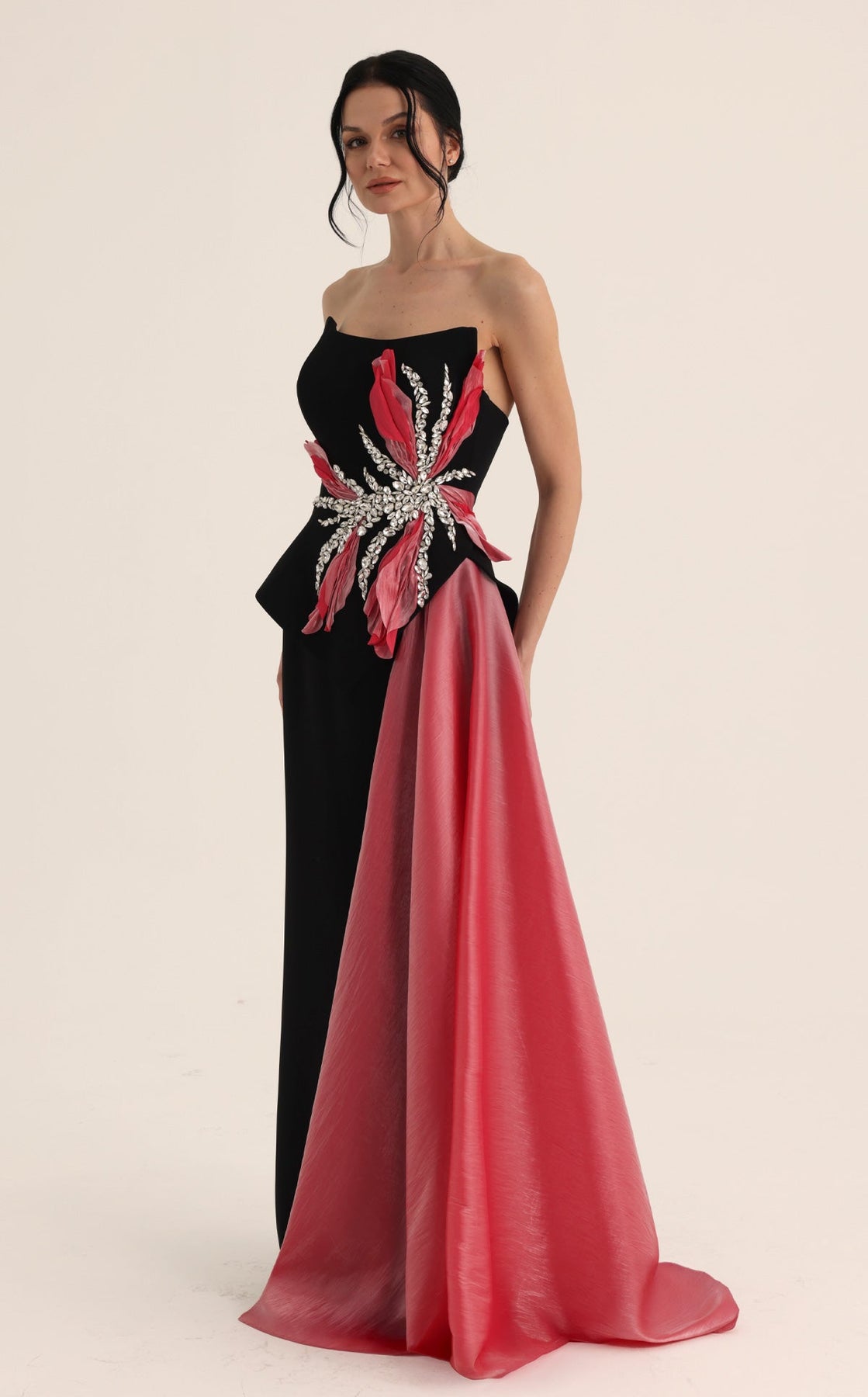 MNM COUTURE O07806 - Crystal Embellished Overskirt Sheath Evening Gown