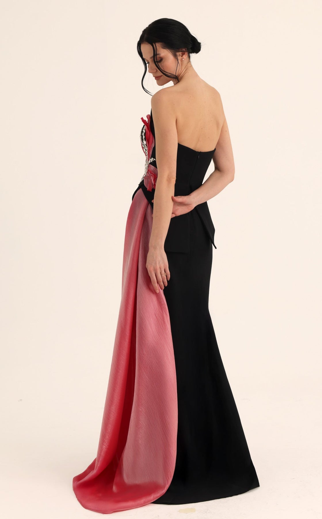 MNM COUTURE O07806 - Crystal Embellished Overskirt Sheath Evening Gown