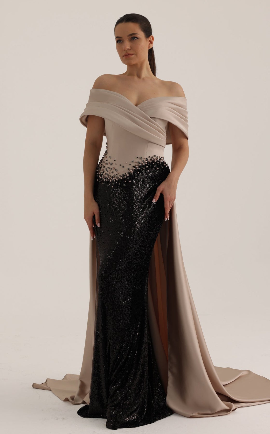 MNM COUTURE O07834 - Pleated Crossover Bodice Overskirt Evening Gown