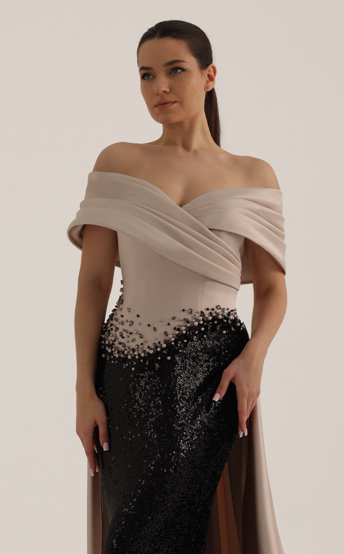 MNM COUTURE O07834 - Pleated Crossover Bodice Overskirt Evening Gown