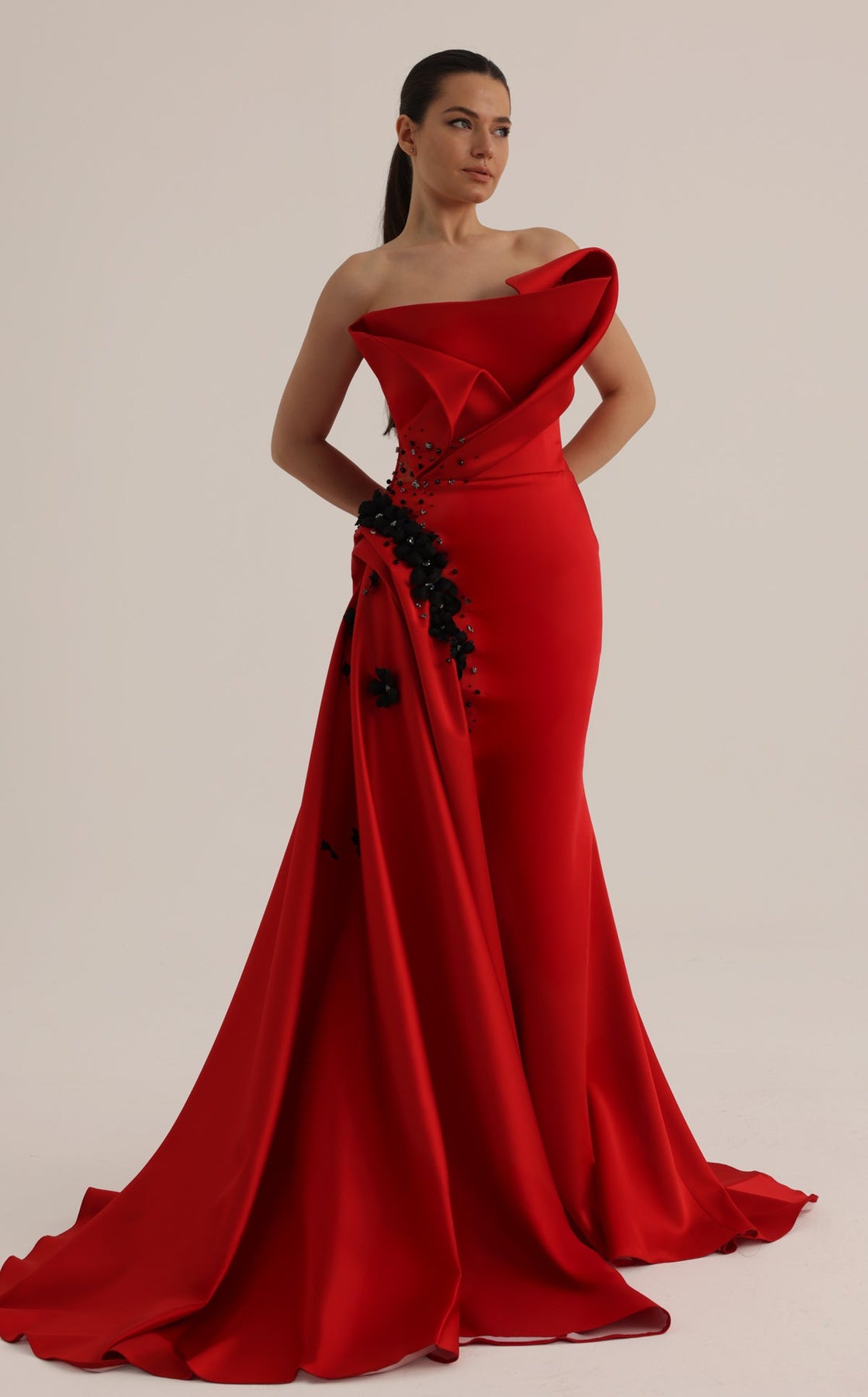MNM COUTURE O07840 - Asymmetric Folded Neckline Overskirt Evening Gown