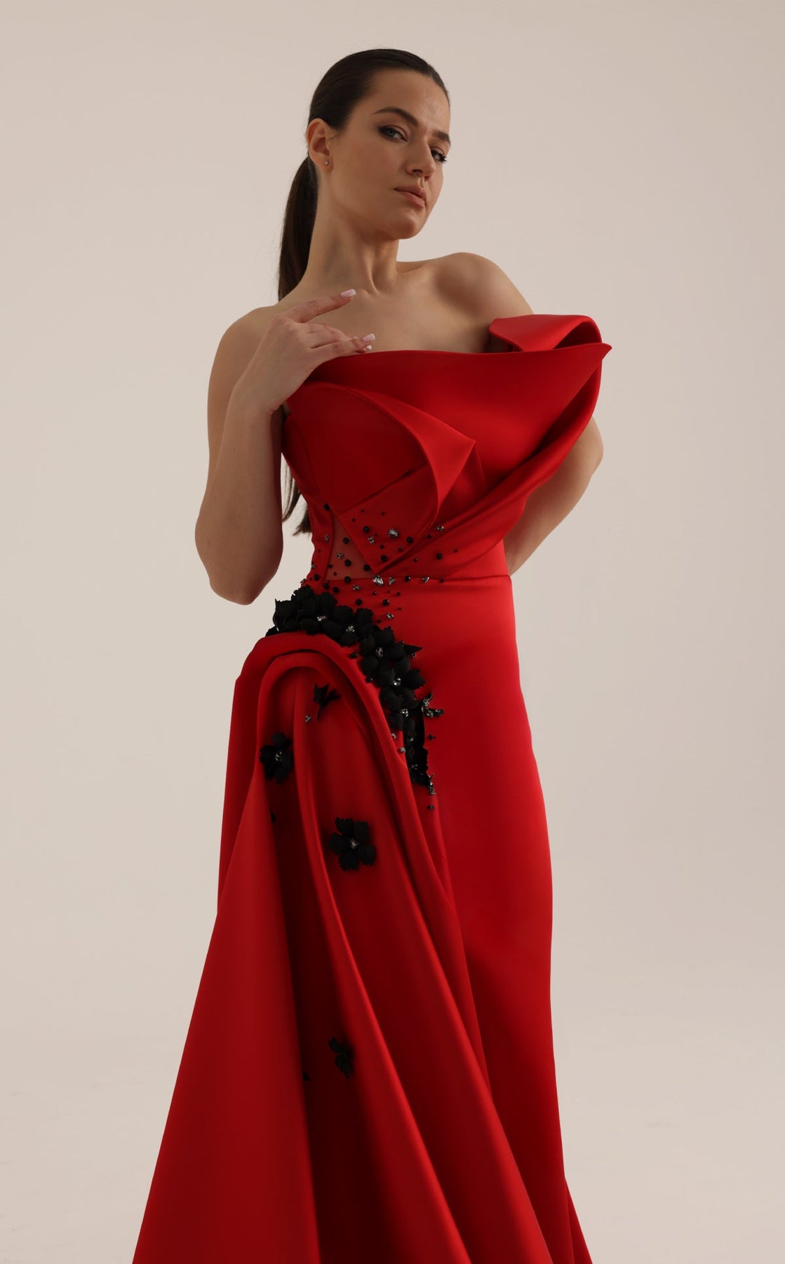 MNM COUTURE O07840 - Asymmetric Folded Neckline Overskirt Evening Gown