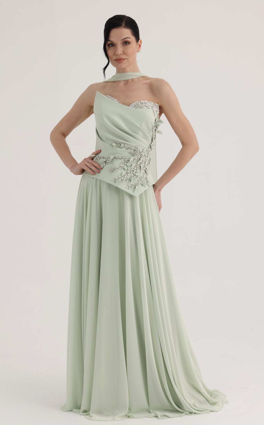 MNM COUTURE O07856 - Strapless Beaded Leaf Accent A-Line Evening Gown