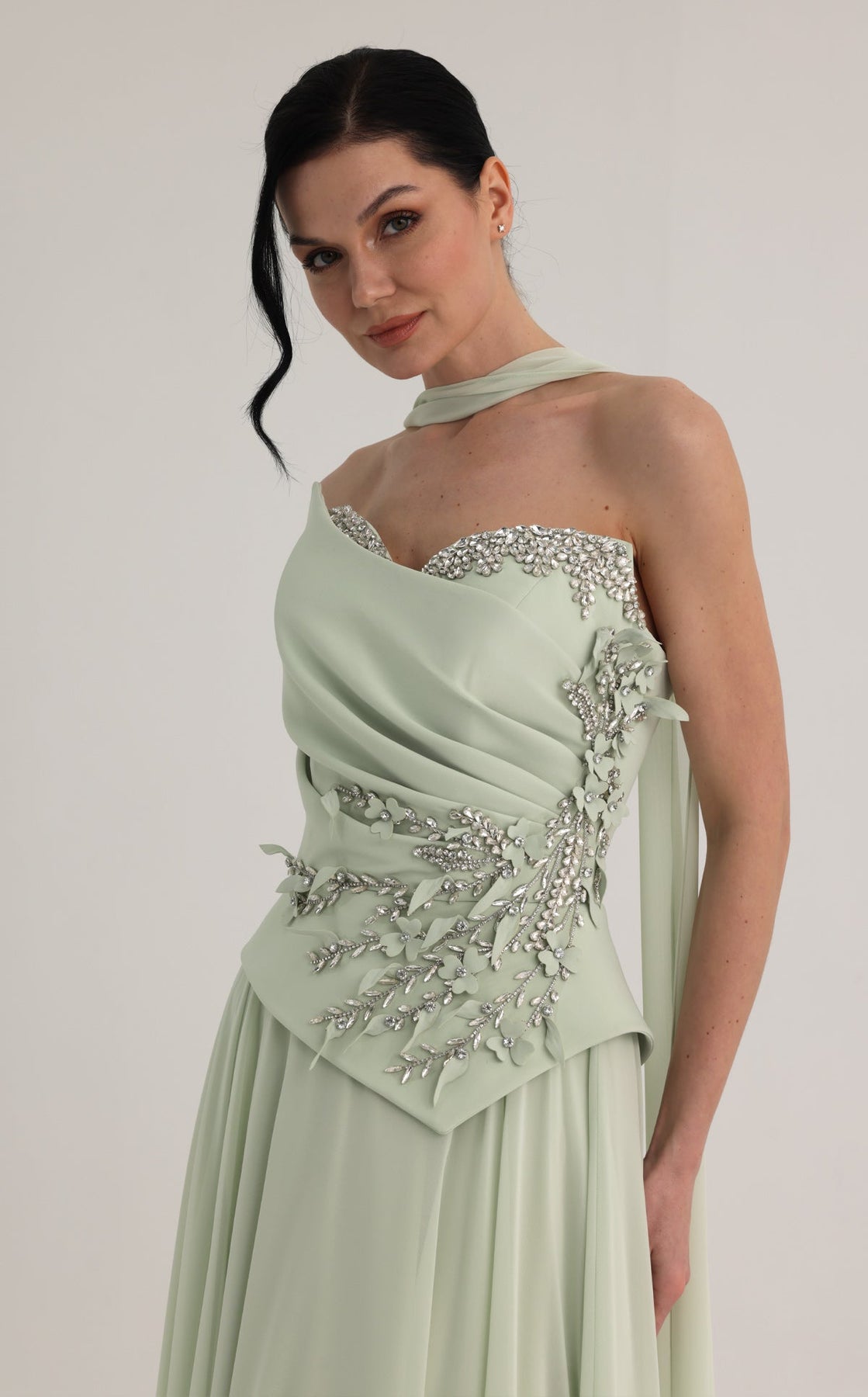 MNM COUTURE O07856 - Strapless Beaded Leaf Accent A-Line Evening Gown