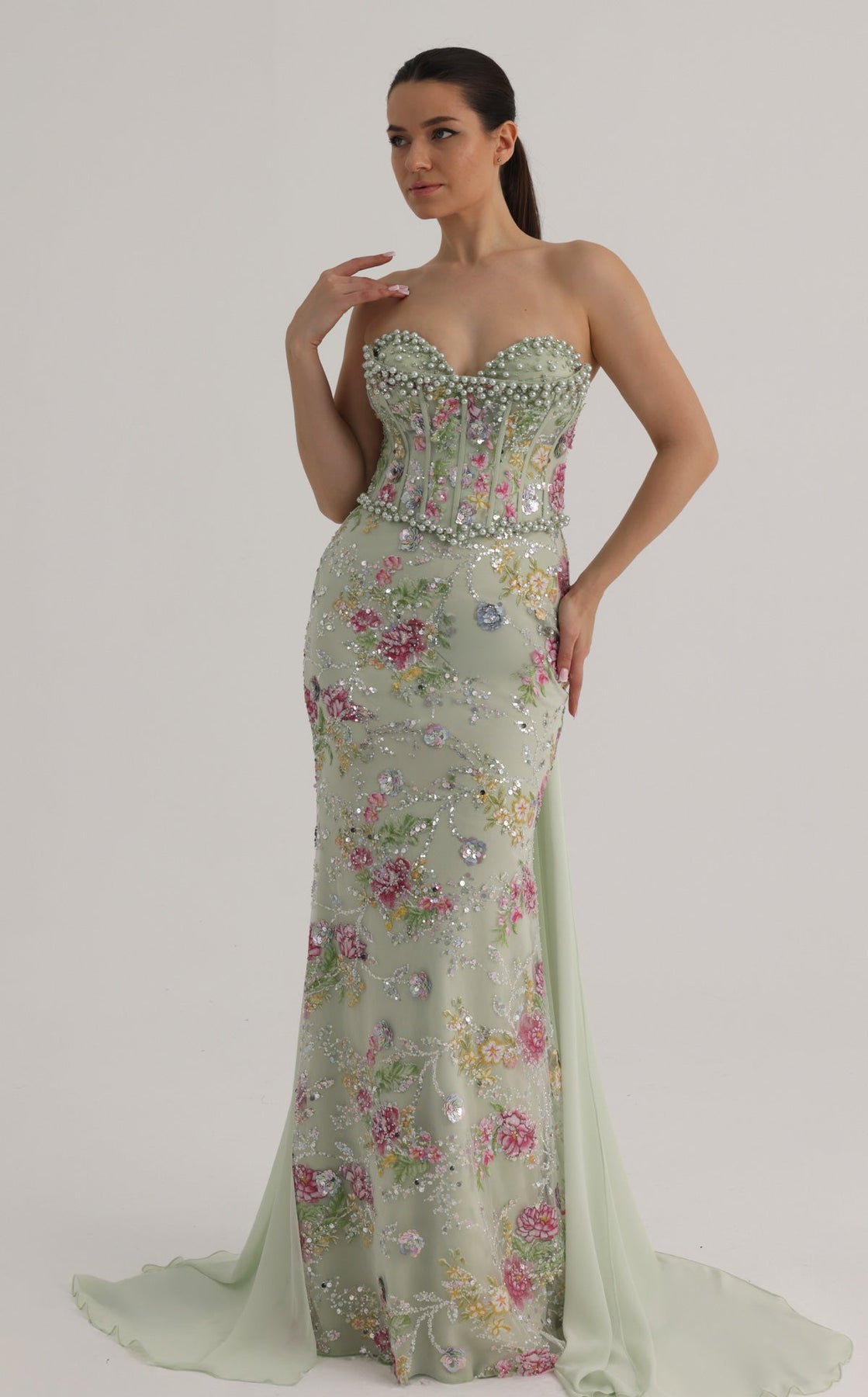 MNM COUTURE O07858 - Embroidered Column Overskirt Evening Gown