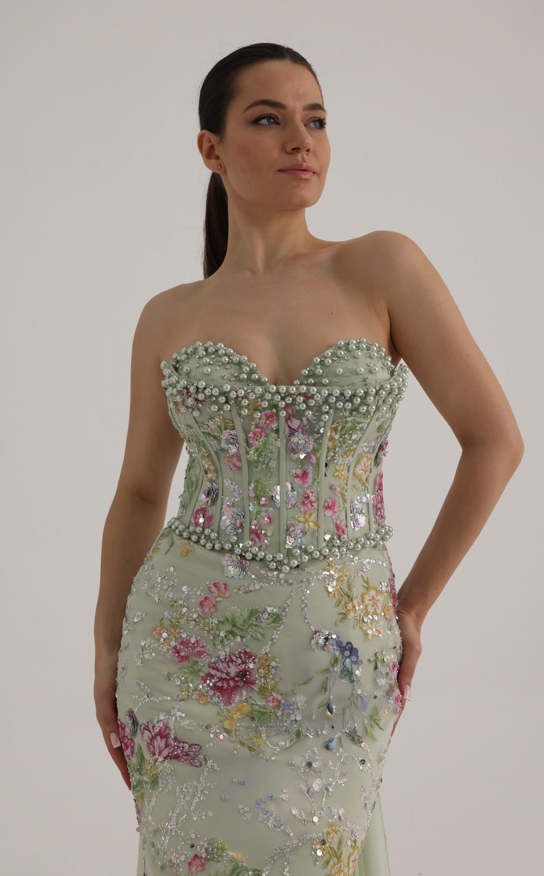MNM COUTURE O07858 - Embroidered Column Overskirt Evening Gown