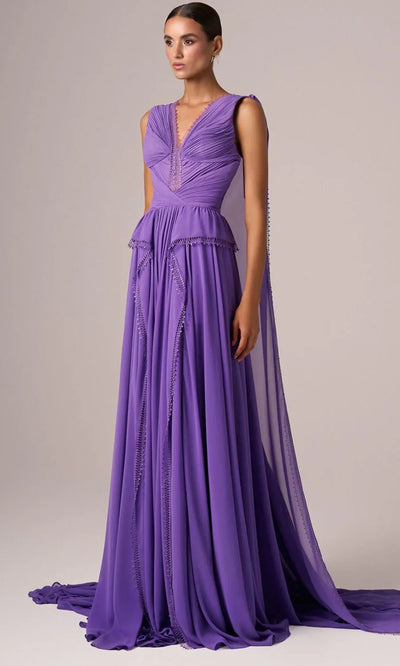 MNM Couture E0086 - Sleeveless Ruched A-Line Gown with Cape Formal Gowns
