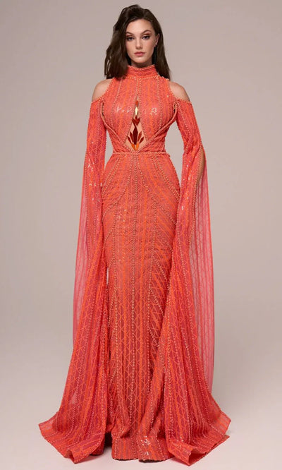MNM Couture F02857 - Sequin Embroidered High Neck Gown Evening Dresses
