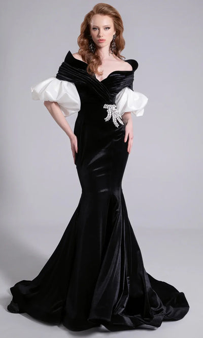 MNM Couture F02898 - Mermaid Skirt Puff Sleeve Gown Evening Dresses