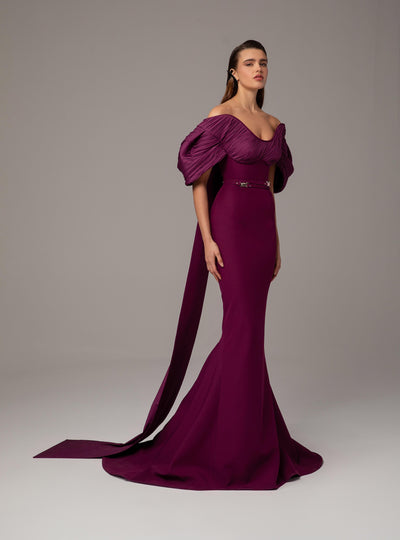 MNM Couture E0088 - Puff Sleeve Crepe Gown with Belt Formal Gowns