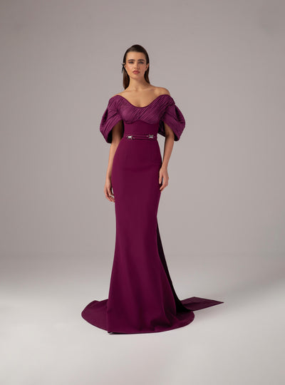 MNM Couture E0088 - Puff Sleeve Crepe Gown with Belt Formal Gowns
